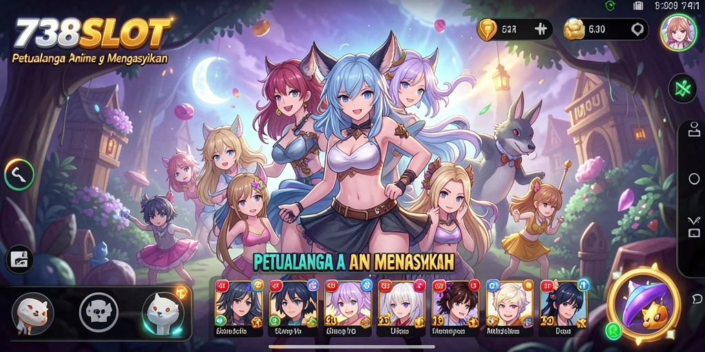 Screenshot gameplay 738SLOT menampilkan karakter anime yang dinamis dan aksi yang mendebarkan.