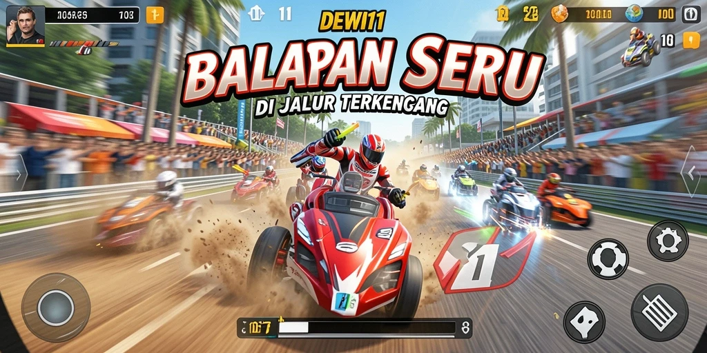 Screenshot menampilkan aksi mendebarkan di jalur balapan DEWI11.