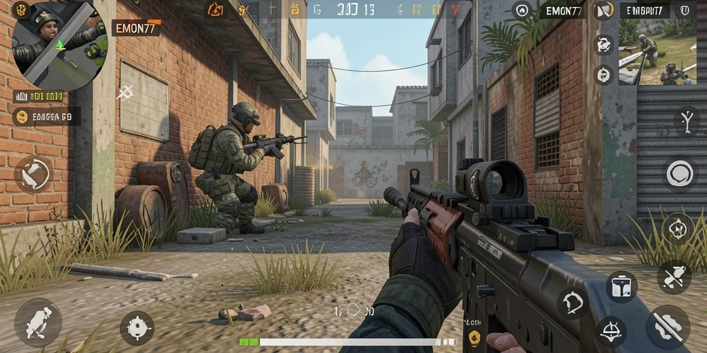 Screenshot EMON77 menangkap intensitas gameplay FPS yang nyata.