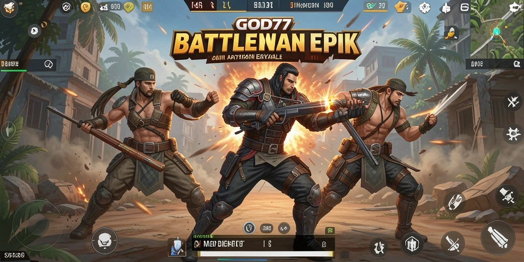 Tangkapan layar utama GOD77 menampilkan pertempuran aksi intens di medan Battle Royale.