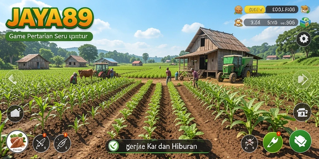Screenshot gameplay JAYA89 yang menunjukkan kebun yang indah dan produk pertanian.