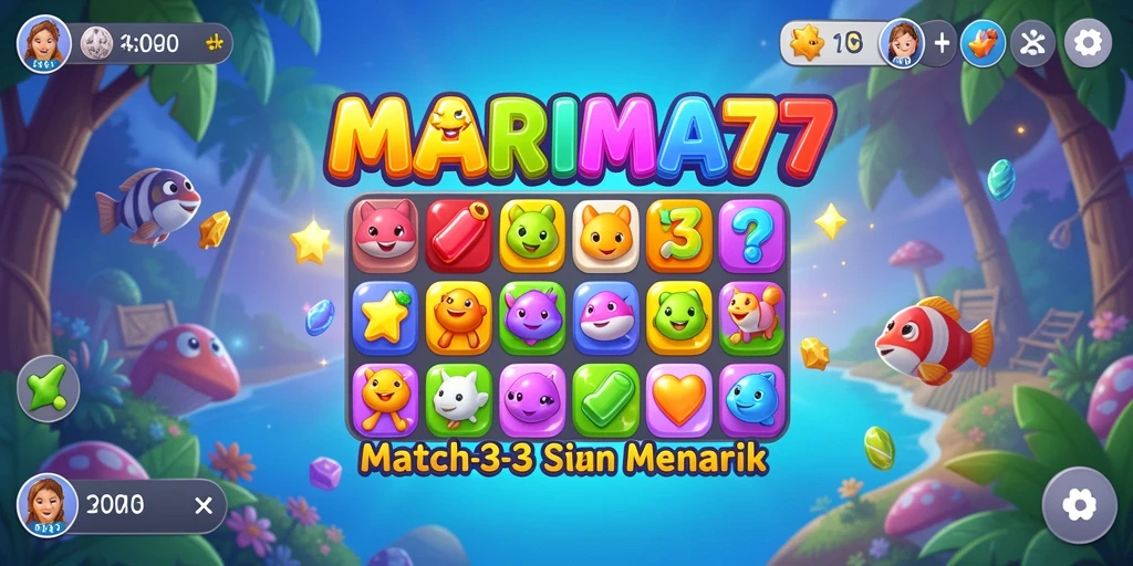 Tampilan gameplay seru MARIMA77 dengan elemen Match-3 yang berwarna-warni.