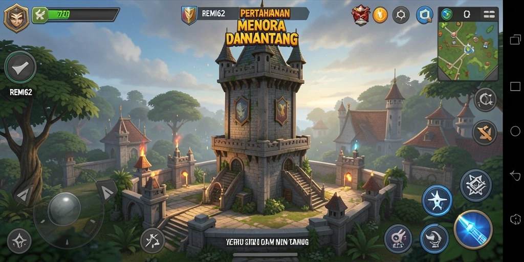 Screenshot gameplay REMI62 menampilkan aksi Tower Defense yang mendebarkan.