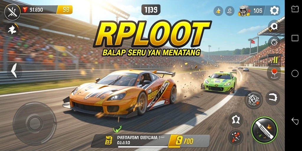 Tangkapan layar gameplay RPLOOT menampilkan balapan seru di lintasan kota.